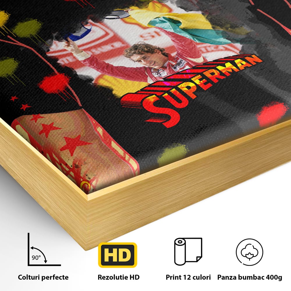 Detaliu al suprafetei: tablou canvas cu ayrton senna, in rama de aluminiu auriu